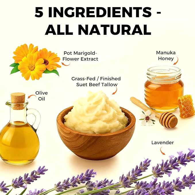 Whipped Beef Tallow Balm with Honey, Natural Moisturizing Cream for Face and Body, Hydrating Skin Balm for Dry Skin, Soothing Tallow Skin Care (4.23oz, Lavender)