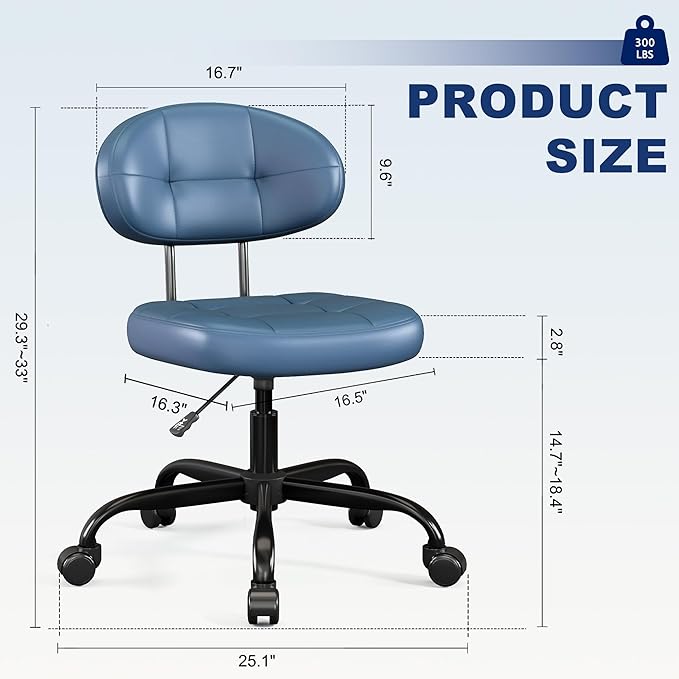 Misolant Vanity Chair with Back, Small Armless Cute Office Chair with Wheels and Lumbar Support, Comfy PU Leather Desk Computer Chairs with Adjustable Height, 360°Swivel for Home Bedroom, Navy Blue