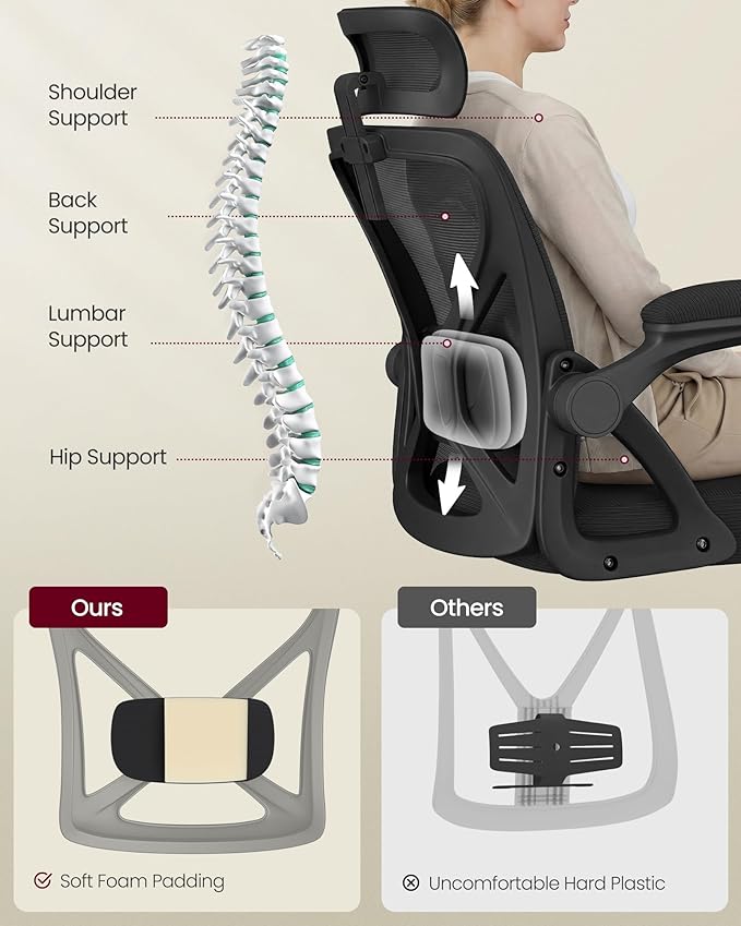 VASAGLE Ergonomic Mesh Office Chair with Adjustable Lumbar Support and Headrest, 90-105° Tilt Function, Wide Seat, Flip‑Up Armrests, Computer Desk Chair for Home Office, Ink Black UOBN044BH01S