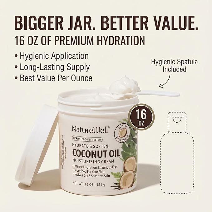 NATURE WELL Coconut Oil Moisturizing Cream for Dry Skin – Deep Hydration Lotion for Face, Body & Hands, Spa Quality Skincare, Softens & Smooths, Non-Greasy, Fast Absorbing, Vitamins A C E, 16 Oz
