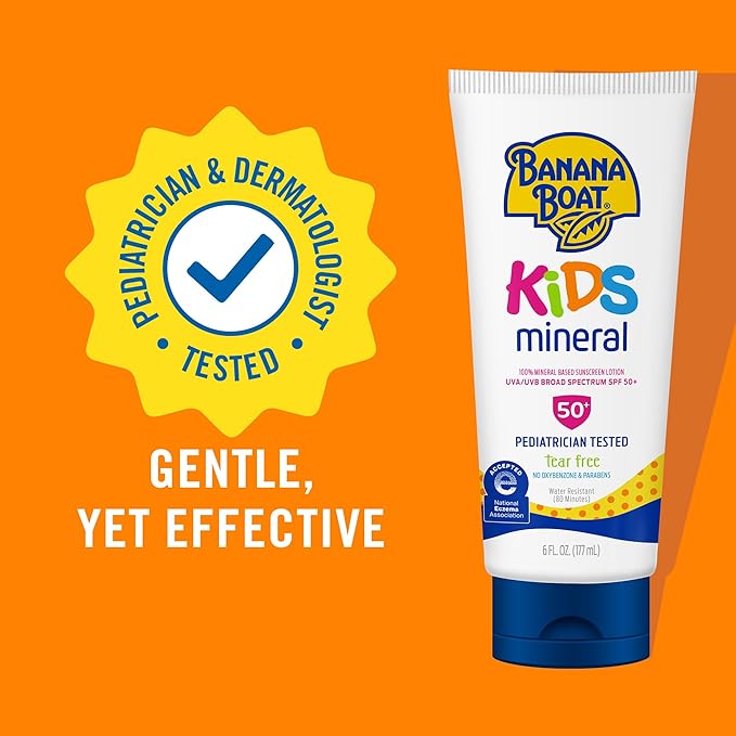 Banana Boat 100% Mineral Kids Sunscreen Lotion SPF 50, Twin Pack | Banana Boat Mineral Sunscreen for Kids, Childrens Sunblock SPF 50, Oxybenzone Free, 6Fl Oz each (Pack of 2)