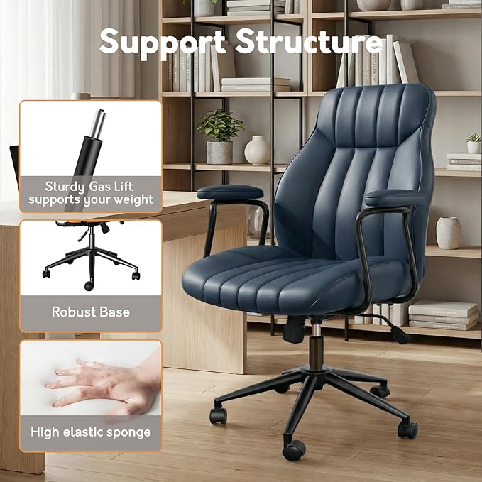 Blue Leather Office Desk Chair with Wheels and Arms, Height Adjustable, Vintage, Mid Century Modern Style
