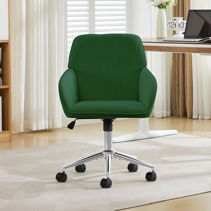 Velvet Home Office Desk Chair, Modern Cute Computer Task Chair with Back, Height Adjustable Upholstered Vanity Chair with Swivel Wheels for Women, Girls (Silver Base, Green