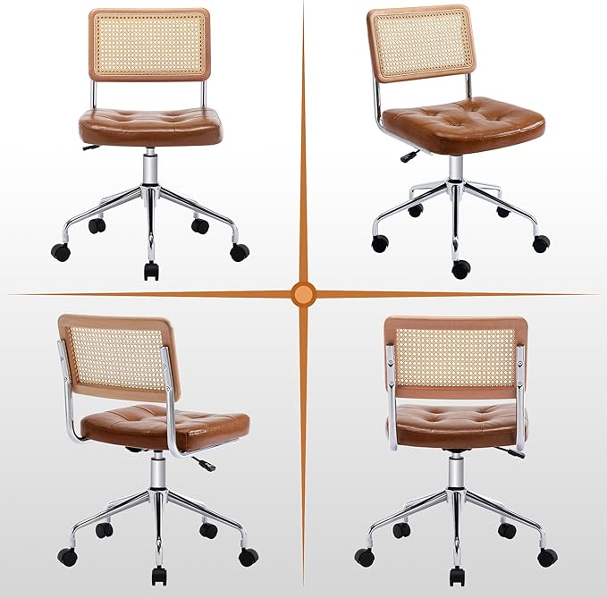 Zesthouse Leather Office Desk Chair with Wheels, Mid Century Rolling Desk Chair with Natural Rattan Back, Modern Swivel Home Office Chair, Small Height Adjustable Computer Task Chair, Brown