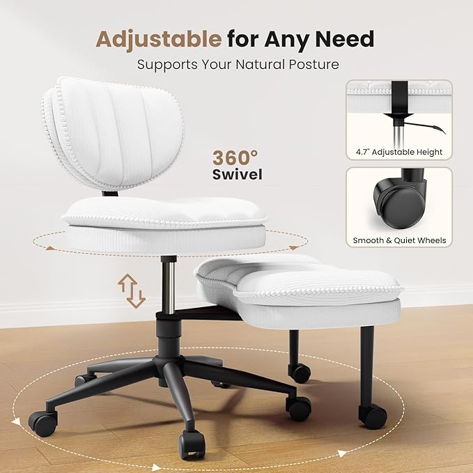 Cross Legged Office Chair, Ergonomic Cloud Criss Cross Desk Chair, Meditation Chair with Wheels, Height Adjustable Seat for ADHD, Wide Kneeling Chair with Back Support, Corduroy Fabric,White