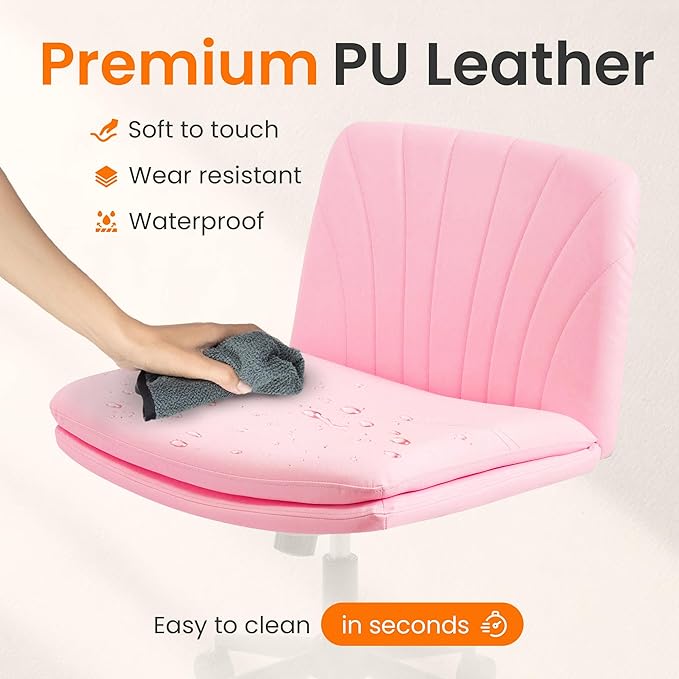 NEO Chair Criss Cross Chair with Wheels Armless Vanity Desk Office Wide Comfy Chair Cross Legged Adjustable Swivel Rolling Computer for Home Office PU Leather (Pink-Leather)