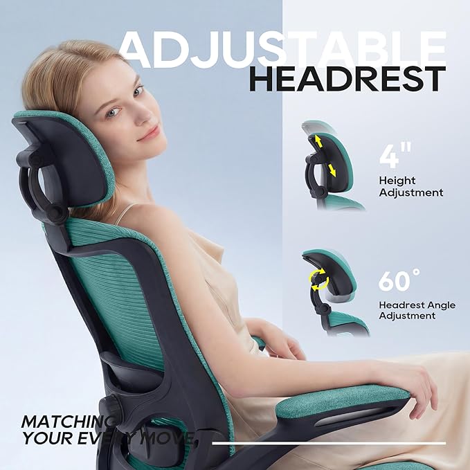 Ergonomic Office Chair, High Back Mesh Desk Chair with Adjustable Lumbar Support & Headrest, Flip-up Armrest, Computer Task Chairs for Home and Executive Office (B-Green)
