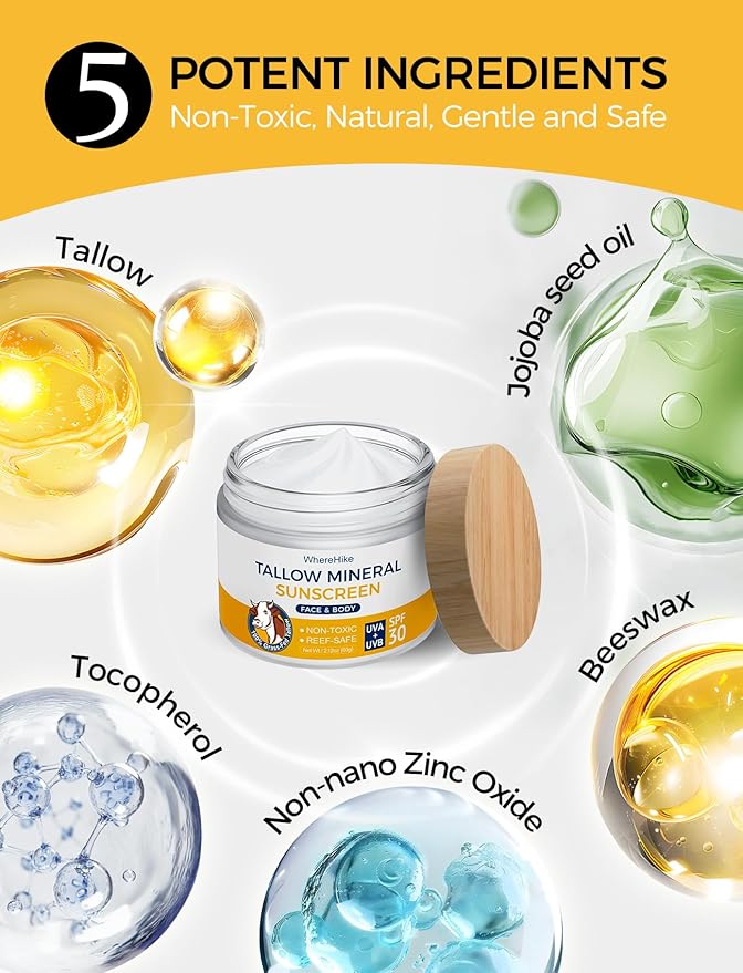 Beef Tallow Sunscreen Organic SPF 30 with Zinc Oxide,Non-Toxic 2-in-1 Moisturizer & Mineral Sunblock | Reef Safe, Chemical-Free,Lightweight, Clean Formula for Sensitive Skin.