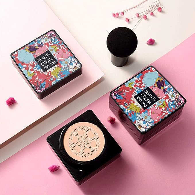 2 Pack Mushroom Head Air Cushion CC Cream Foundation, Moisturizing BB Cream, Long Lasting Matte Concealer with 2PCS Mushroom Head Sponges (Natural)…
