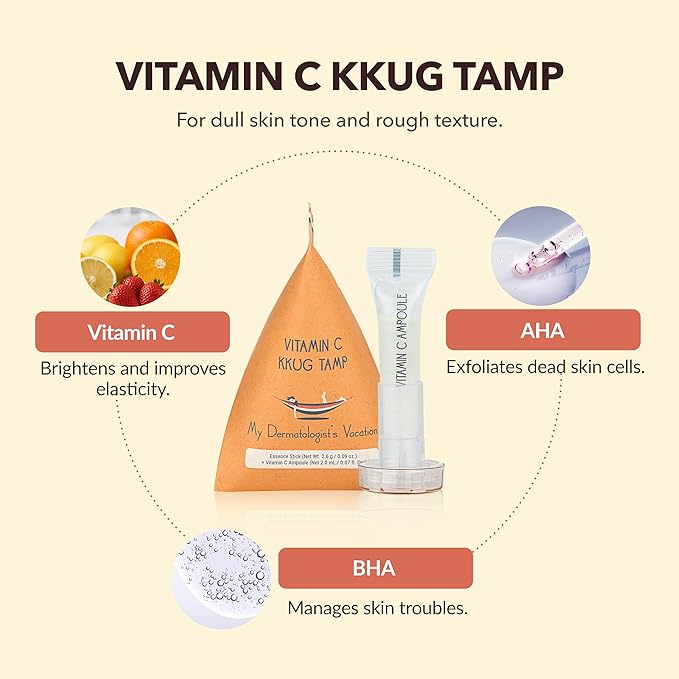 My Dermatologist's Vacation, VITAMIN C KKUG TAMP – Double-Acting Beauty Device with Micropoint ESSENCE STICK & AMPOULE, Korean Skincare Facial Serum Kit, 8 Single-Use Sets (2 Pieces Per Use)