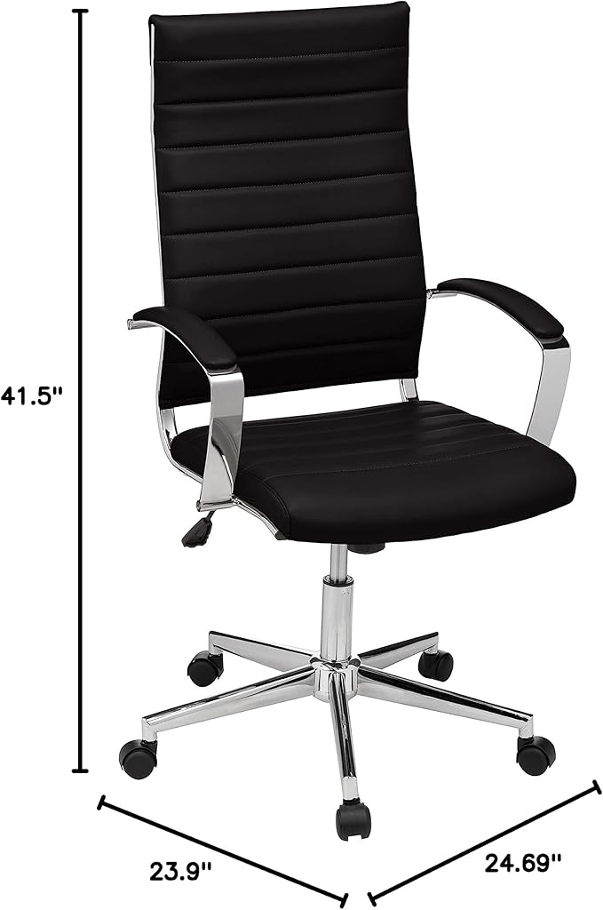 Amazon Basics High-Back Swivel Office Chair with Lumbar Support, Ergonomic Ribbed Faux Leather, Adjustable Height, 45.25" x 24.75" x 23.25", Black