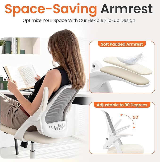NEO Chair Office Chair Gaming Desk Computer Mesh Ergonomic Chair with Flip-up Arms Comfy Lumbar Support Adjustable Height Rolling Wheels Chair for Home Office (Ivory)