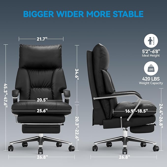 M76 160° Reclining Executive Office Chair with Footrest, Adjustable Seat Depth, 10" Thick Cloud Cushion Desk Chair, 420lb Heavy Duty High Back Leather Desk Chair for Home Office, Black