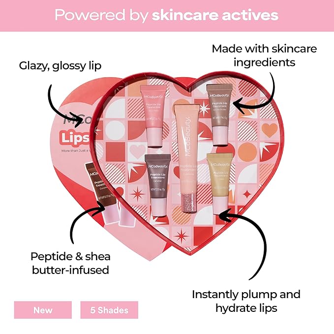 MCoBeauty Peptide Lip Treatment Gift Set - Lip Gloss Balm Tint Kit with Peptides Shea Butter for Dry Lips - 5 Piece Cupcake Latte Fairy Floss Caramel Vanilla Scents - Vegan Cruelty Free