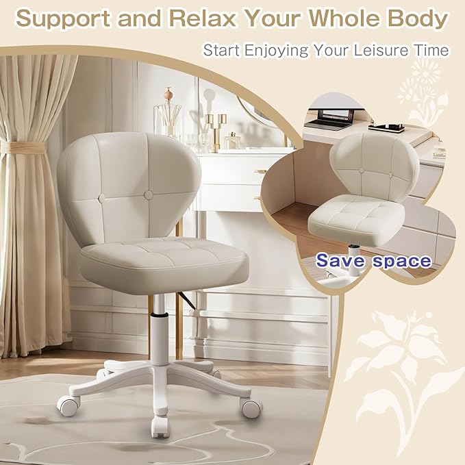 Vanity Chair with Back – Small Armless Office Chair with Wheels, Lumbar Support, PU Leather, Adjustable Height, 360° Swivel for Home, Bedroom, Office White Set of 2