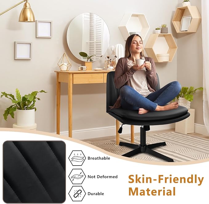 Criss Cross Chair, Cross Legged Desk Office Vanity Chair, Comfortable Black Vanity Stool with Back, PU Leather Armless Wide Swivel Vanity Desk Chair, Criss Cross Home Office Chair