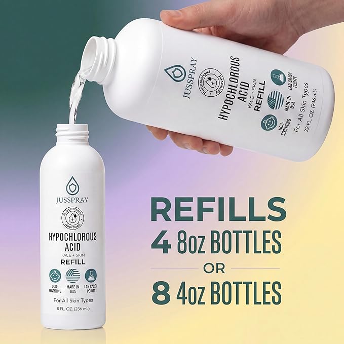 Jusspray™ Hypochlorous Acid Spray for Face and Skin | HOCI Facial Cleanser Mist | 32oz Refill Hypochlorous Acid for Face, Skin, Acne, Eczema, Body Acne Sprays, Piercing Aftercare, Wound Solution