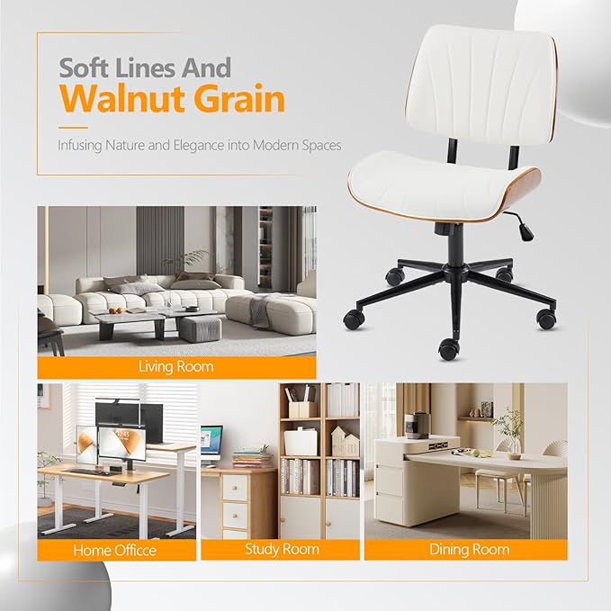VINGLI Wide Curved Seat&Back Armless Home Office Chair,Ergoromic Adjustable-Height Desk Chair,Swivel&Tilting Function,Stylish Walnut Task Chair for Meeing Room,Dining Room,PU, White