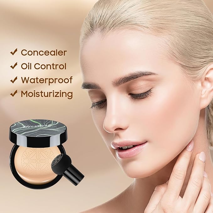 Air Cushion CC Cream Foundation - Mushroom Head BB Cream Face Makeup Moisturizing Concealer Brighten Long-Lasting, Even Skin Tone for All Skin Types (2 PCS Natural)
