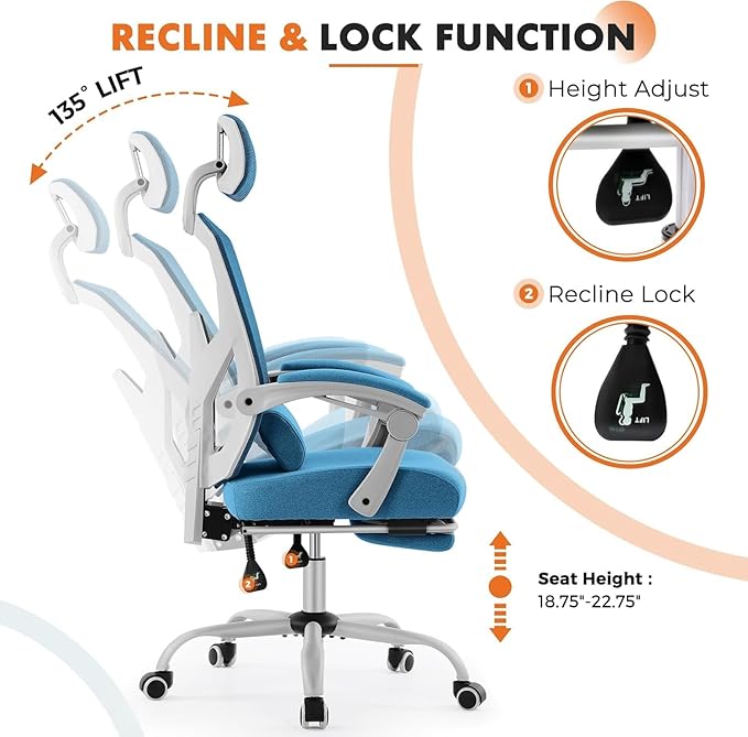 Sweetcrispy Office Computer Desk Chair Set of 2, Ergonomic High-Back Mesh Rolling Work Swivel Chairs with Wheels, Comfortable Lumbar Support, Comfy Arms for Home, Bedroom, Study, Student, Blue
