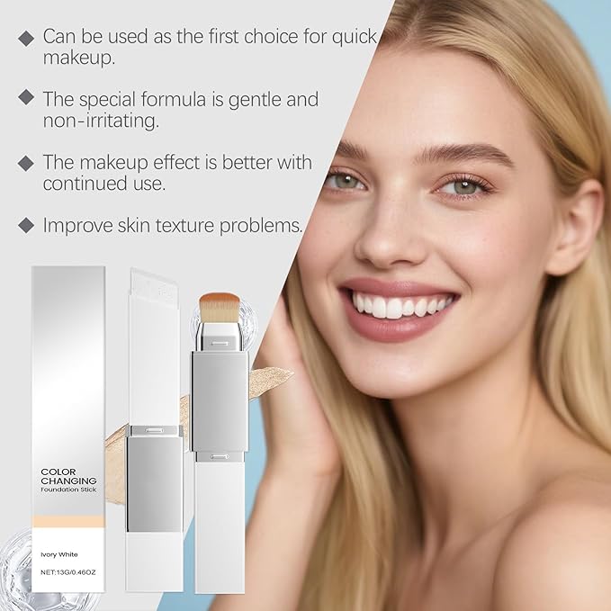 Blanc Cover Cream Stick,Korean Color-Changing Foundation Stick, Full Coverage Base Makeup，Dual-Ended with Detachable Brush - Ivory White