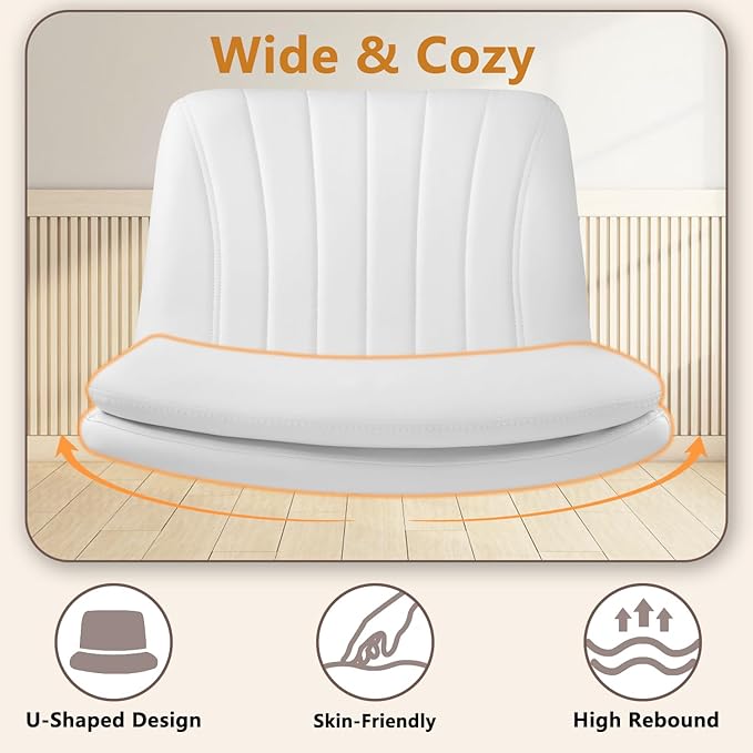 Criss Cross Chair, PU Leather Vanity Chair with Wheels, Armless Cross Legged Home Office Chair, Wide Seat Swivel Criss Cross Desk Chair, Height Adjustable Vanity Chair with Back, White