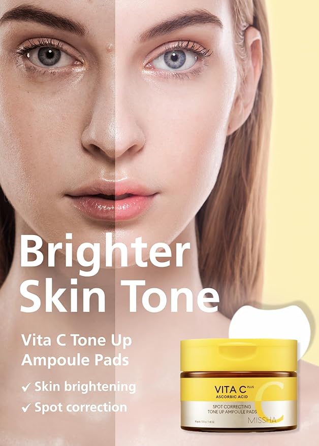 MISSHA Vita C Tone Up Ampoule Toner Pads (80 pads) Exfoliating, Spot Treatment Pads with Vitamin C, Hyaluronic Acid, Collagen, Hydrating
