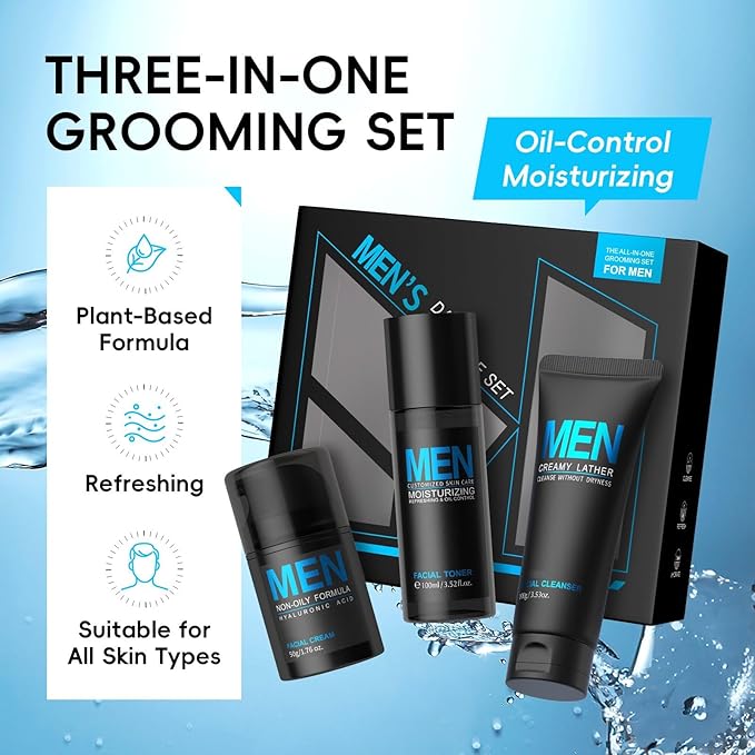 Mens Skin Care Kit, 3-Piece Men's Daily Essential Skincare Set with Cleanser, Toner & Moisturizer, Lightweight Hydrating & Firming Routine for Sensitive Dry Skin, Gift Set for Men & Teenagers