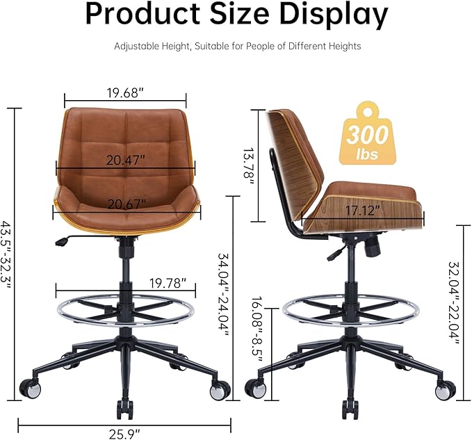Drafting Office Chair Ergonomic Executive Computer Standing Desk Chair with Adjustable Height and Footrest Ring, Drafting Chair for Counter Height Desk and Drawing (Brown)