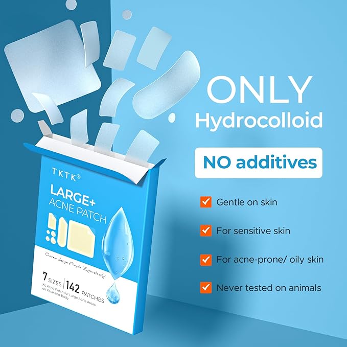 Large Pimple Patches for Face, 7 Sizes Big Acne Patches, FSA Eligible XL Hydrocolloid Bandages for Body, Chin, Forehead, Nose, Blemish Zit Breakouts, Hydrocolloid Patch (Square, Strip, Dot 142 Count)
