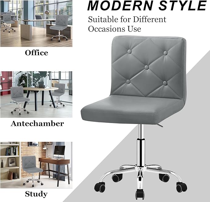 VECELO PU Leather Mid-Back Armless Desk Chair Adjustable Height 360° Rolling Swivel for Home Office Work, Grey