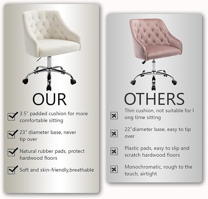 MOJAY Velvet Office Swivel Chair, Vanity Fabric Desk Pretty Fancy Gold Office Chairs for Girls, 360°Swivel Height Adjustable Reception Chair (White)
