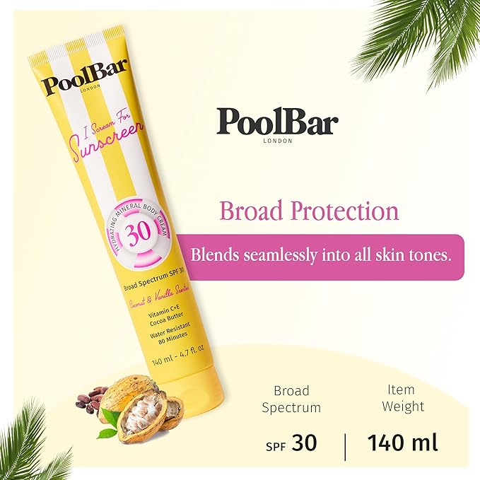 PoolBar SPF 30 Hydrating Mineral Body Sunscreen Cream for Women and Men Skin Care - Coconut Vanilla Scent Sun Care, Vegan and Water Resistant, Broad Spectrum Sunscreen, 140 ml (4.7 Fl. Oz)