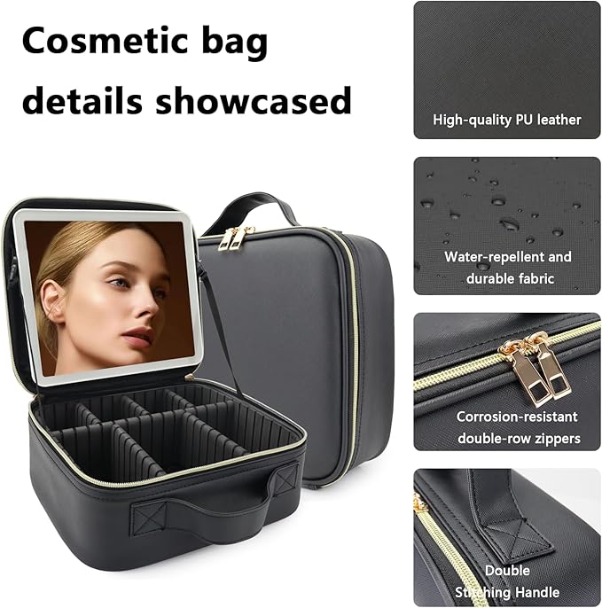 Makeup Bag with Led Mirror,Large Vanity Makeup Cases with 3 Color Setting,Portable Storage and Adjustable Dividers,for Women and Makeup Artists Cosmetic Organizer Travel Makeup Bag-Black