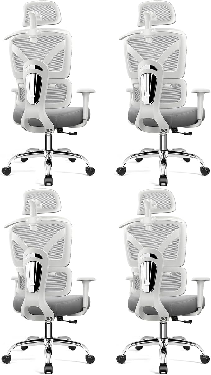 Ergonomic Office Desk Chair, High Back Mesh Office Chair with Adjustable Lumbar Support, 3D Headrest, Big and Tall Home Computer Desk Chairs Comfy for Work, Gaming, 300lbs, (Gray, 4 Pack)