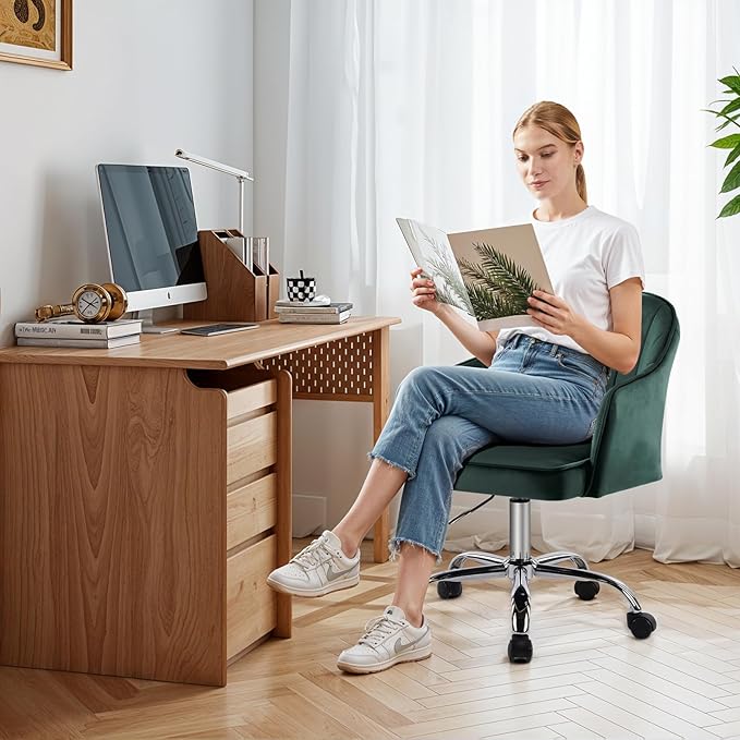 MOJAY Modern Mid-Back Tufted Velvet Office Chair, Swivel Height-Adjustable Home Desk Chair,Cute Velvet Soft Seat Vanity Chair with Rivet and Arm Support (Green2)
