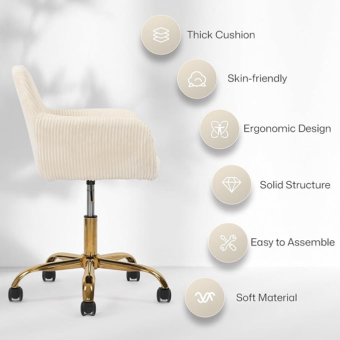 Faux Fur 360°Swivel Desk Chair, Height Adjustable Home Office Armchair with Golden Base for Teens Women Girls, Upholstery Computer Chair for Home Studios, Corduroy & Beige