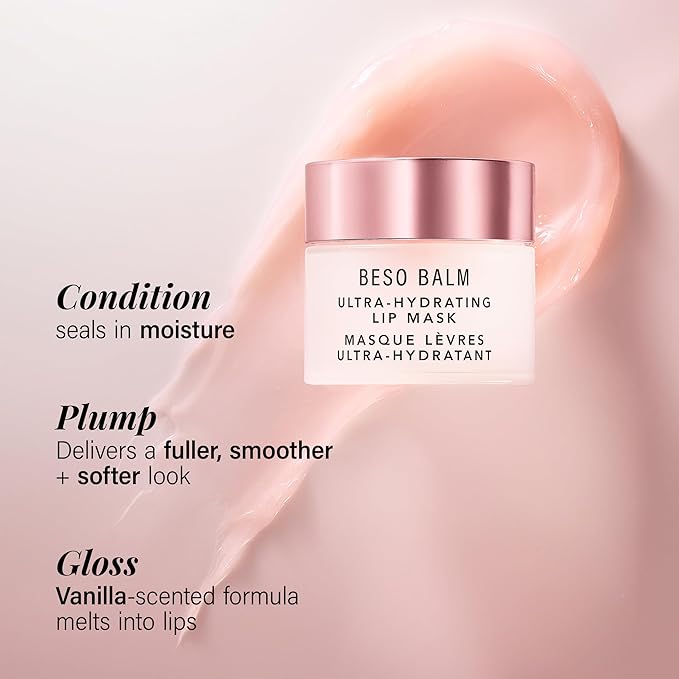JLO BEAUTY Lip Mask, Vanilla Scented, Ultra Hydrating Lip Gloss Finish, Helps Visibly Plump, Smooth & Soften, Daytime or Overnight Sleeping Mask to Moisturize Flaky, Dry Lips, Beso Balm, 3 Pack