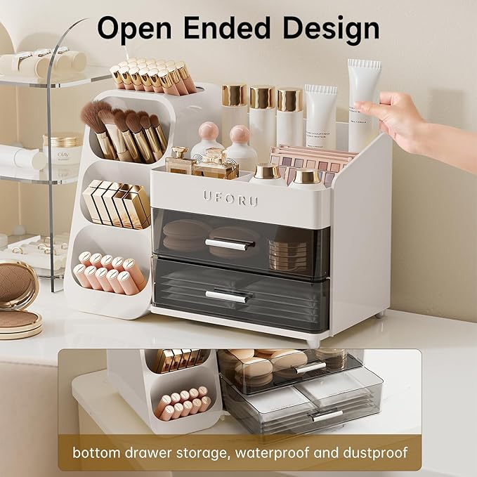 Makeup Organizer for Vanity with Brush Holder, Countertop Skincare Organizer with 2 Drawers, Spacious Cosmetic Display Case for Perfumes, Eyeshadow Palettes, Nail Polishes