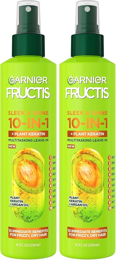 Garnier Fructis Sleek & Shine 10-in-1 for Frizzy,Dry Hair,Plant Keratin,8.1 Fl Oz,(Packaging May Vary),(Pack of 2)