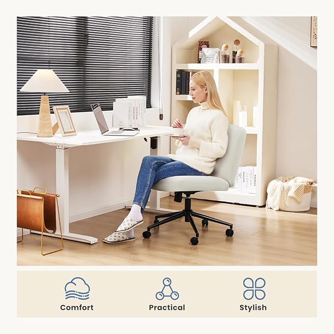 DUMOS Criss Cross Chair with Wheels, Legged Office Armless Wide Desk Seat Dual-Purpose Base, Adjustable Swivel Fabric Task Vanity Home Office Desk Seating