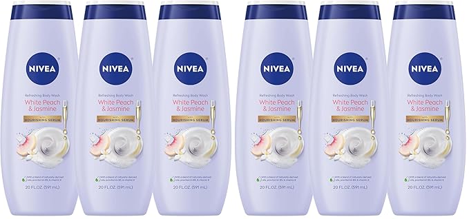 NIVEA Refreshing White Peach and Jasmine Body Wash with Nourishing Serum,Scented Body Wash for Women,Enriched with Provitamin B5 and Vitamin E,20 Fl Oz Bottle,(Pack of 6)