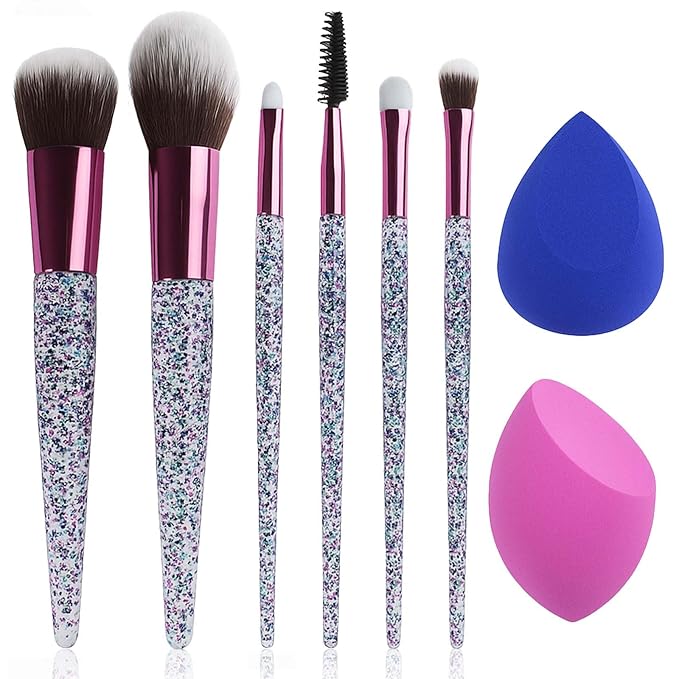 6-Piece Makeup Brush Set with 2 Beauty Sponges & Bling Crystal Handle - Daily Essential Cosmetic Brushes Kit for Professional Foundation, Concealer, Eyeshadow, Powder Blush(Purple)