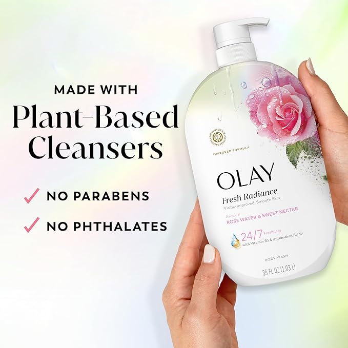 Olay Body Wash for Women, Fresh Radiance, 24/7 Skin-Loving Freshness, Visibly Radiant, Plant Based Cleansers, Vitamin B3 & Antioxidant Blend, All Skin Types, Rose Water & Sweet Nectar Scent, 35 fl oz