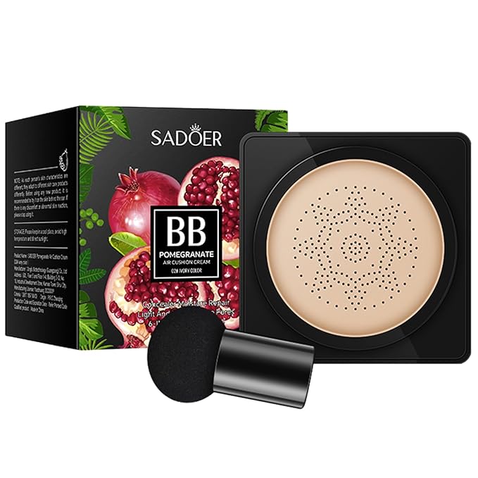 SADOER, Pomegranate Hydrating Mushroom Head CC Cushion BB Cream, Brightening Even Tone Natural Finish, Natural/Ivory, 20g ((02# Ivory White) 20g)