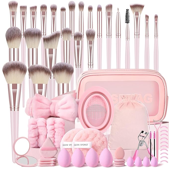 MZGGDM 64Pcs Pink Makeup Brushes Set with Case Professional Foundation Powder Concealers Eyeshadow Contour Blush Makeup Brush Kits Travel Make up Brushes & Tools Eye and Face Makeup Kit