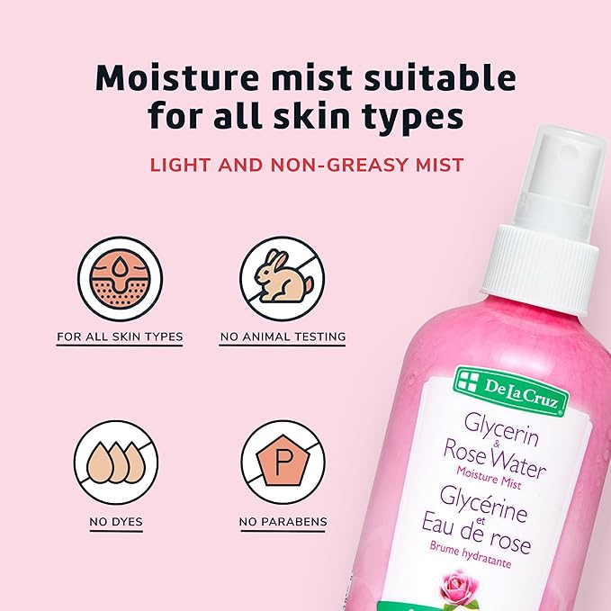 De La Cruz Rose Water and Glycerin for Face, Rosewater Facial Toner & Moisturizer for Skin & Hair, Rose Water for Hair, 2-Bottle Bundle - 16oz & 8oz, Made in USA.