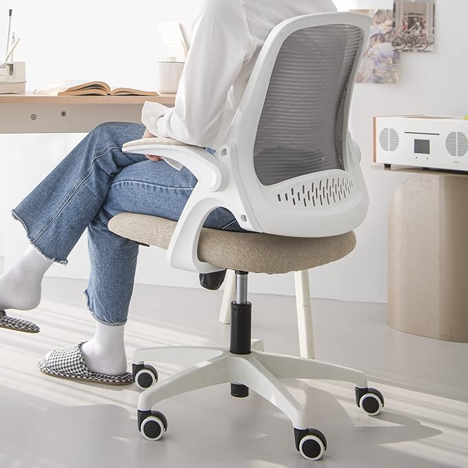 NEO CHAIR Office Desk Computer Gaming Ergonomic Chair with Lumbar Back Support Adjustable Height Swivel Wheels Flip-up Arms Mesh Chair for Home or Office (Beige)