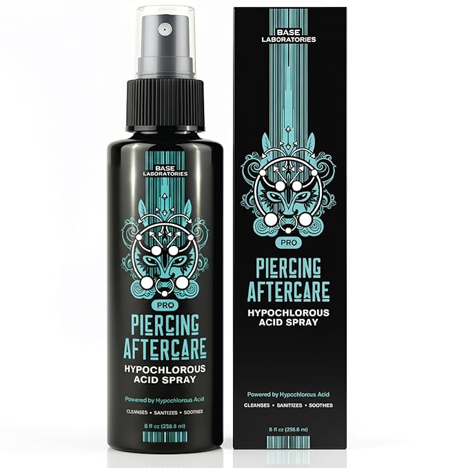 BASE LABORATORIES Piercing Aftercare Hypochlorous Acid Spray PRO - 8 OZ | Ear Piercing Cleaner | Saline Solution Piercing Aftercare - Saline Spray for Piercings, Bumps & Keloids | Ear, Nose, Belly