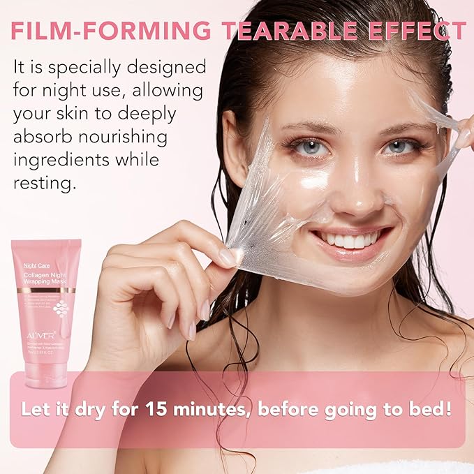 Collagen Overnight Wrapping Peel off Face Mask, Collagen Night Wrapping Mask, Elasticity & Hydration for Glass Skin, Reduce Fine Lines & Dullness, Anti-Aging Korean Skin Care